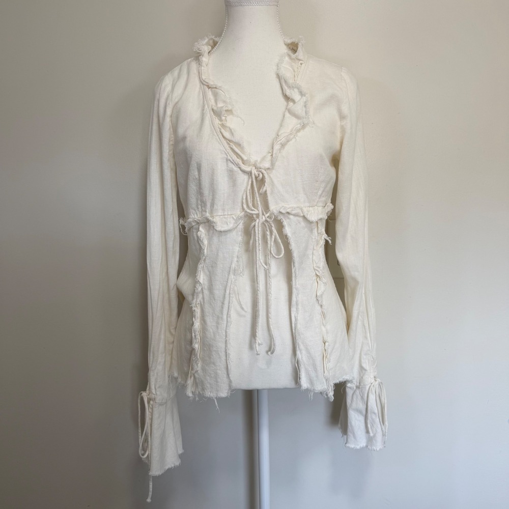 H&M Divided Ruffle Tie Front Linen Blend Blouse Size Small Cream Fairycore Boho